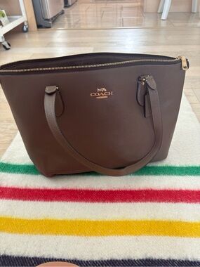 COACH Brown Saffiano Leather Tote with Gold Logo